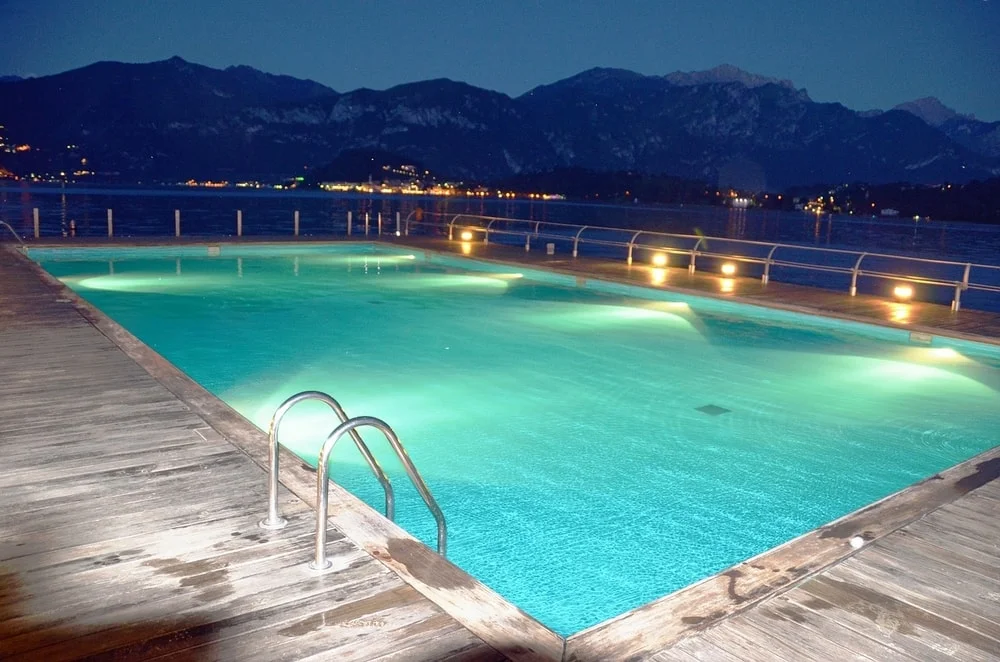 pool with wooden deck