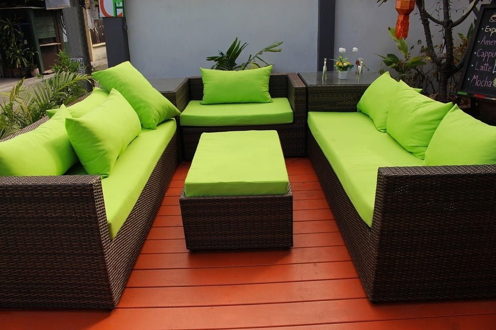 deck furniture with pillows and cushions