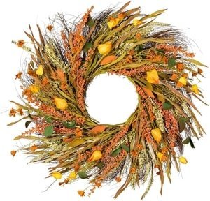 autumn door wreath with wheat stems