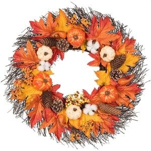 fall door wreath with gourds and pumpkins