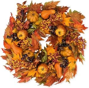 silk fall wreath with gourds and pumpkins