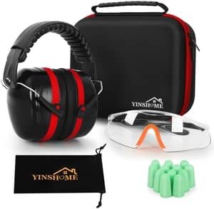 kit with protective glass, earplugs, and earmuffs along with travel case