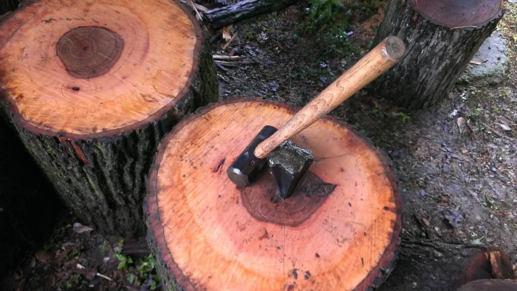 wedge placed in log with sledgehammer waiting to be swung