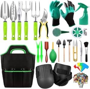 huge 84 piece garden tool set with gloves, butterfly markers, carrier
