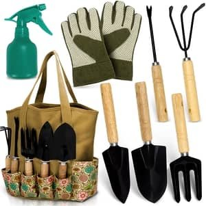 scuddles 8 piece garden tool set with gloves and carrier