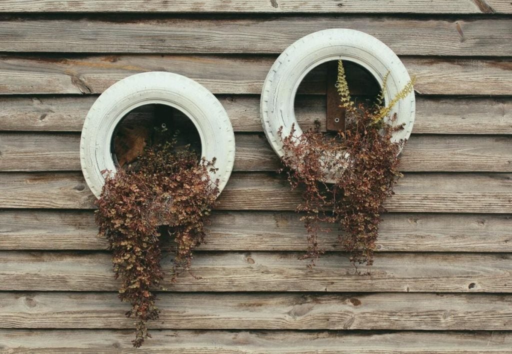 two white tire planters on wood siding with hanging plants