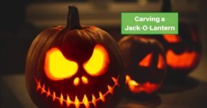 three scary jack-o-lanterns are lit by candles at night. Text Reads, Carving a jack-o-lantern
