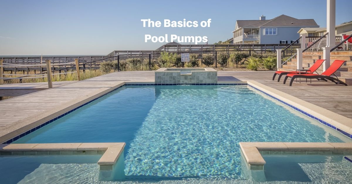 an in-ground pool viewed from the short side. text readings, the basics of pool pumps