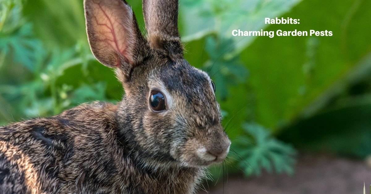 a rabbit in a garden . text reads, rabbits, charming garden