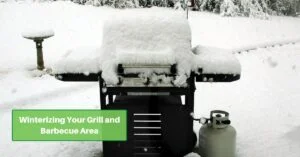 a gas barbecue grill covered in snow. Text reads, "Winterizing Your Grill and Barbecue Area"