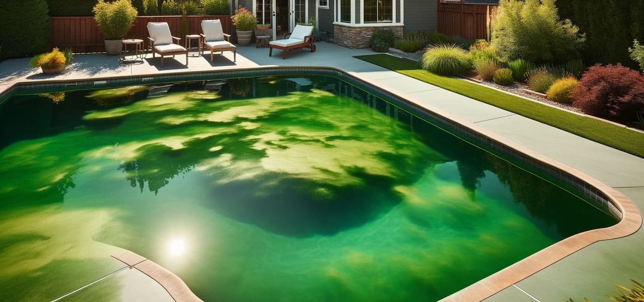An inground backyard swimming pool with clear signs of a mild algae infestation, displaying a slightly greenish tint of algae in the water.