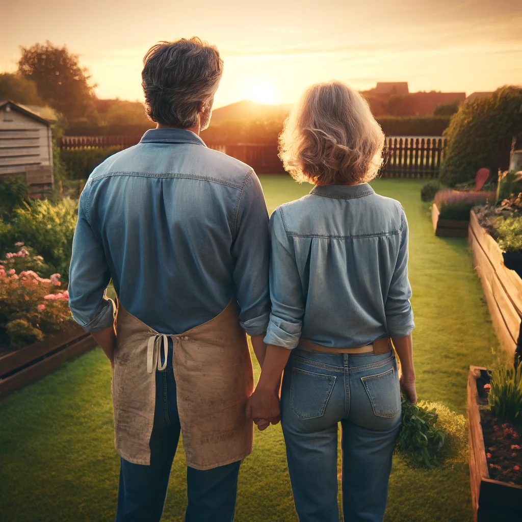 an AI image of a middle aged couple standing in their garden at sunset