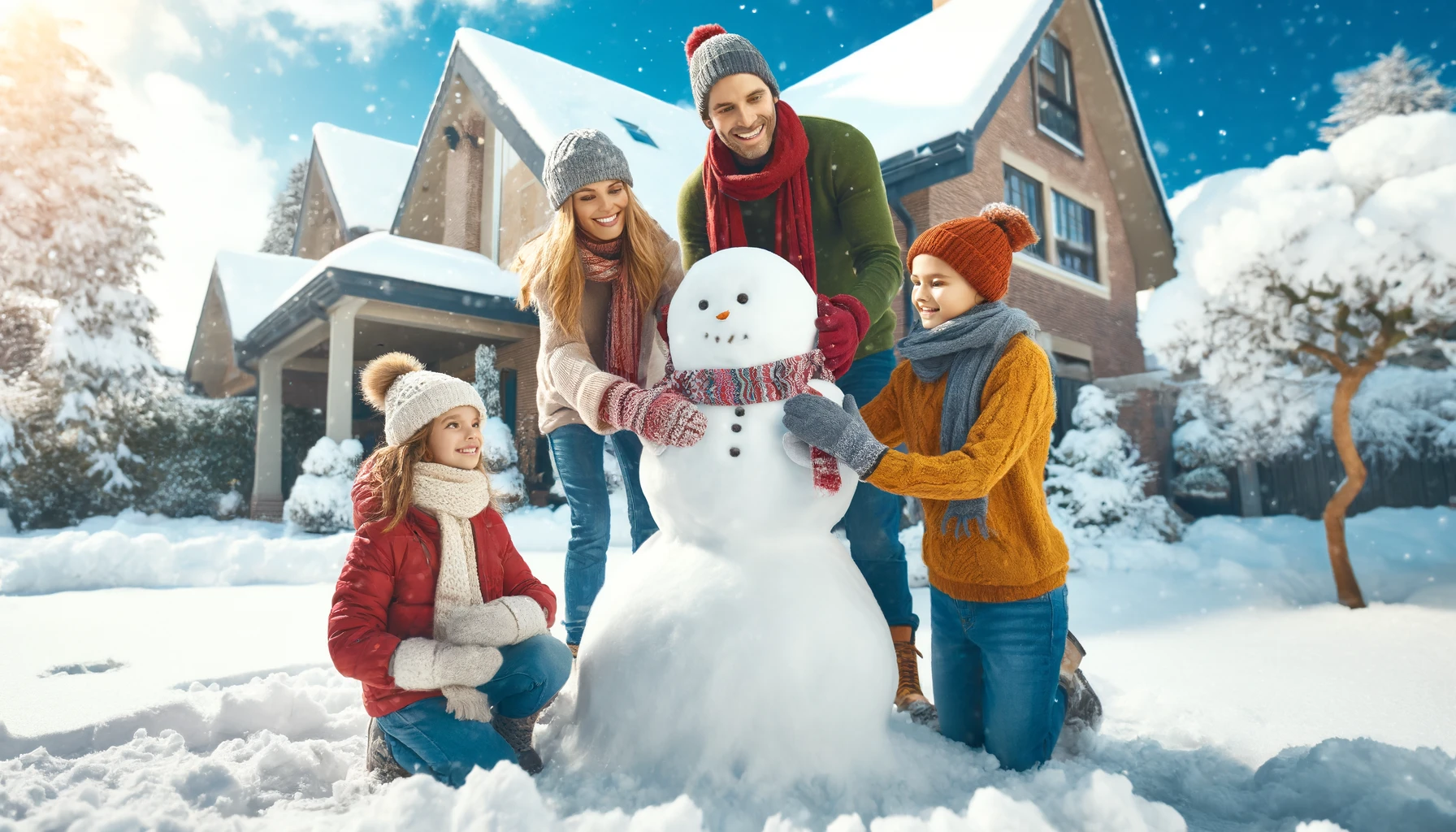 a family of two parents and two pre-teen girls build a snowman in front of their house