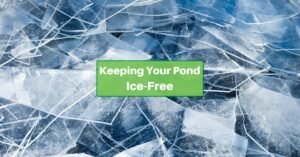 broken pieces of a sheet of ice. Text reads, Keeping your pond ice-free