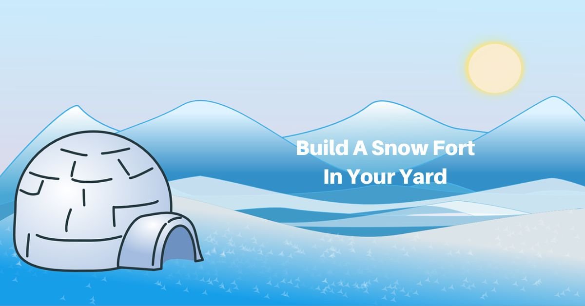 A drawing of an igloo on a white and blue background indicating frigid temperatures even as the sun shines in the sky. Text reads, Build a snow fort in your yard.