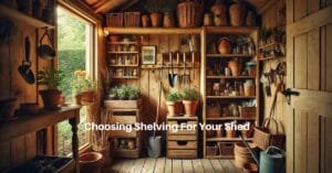 an AI generated image of a classic wooden garden shed with various types of wooden shelving neatly filled with gardening supplies