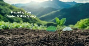 a small garden plot with a single seedling sprouting, against a background of beautiful mountains at sunrise. Text reads, preparing your garden soil for spring